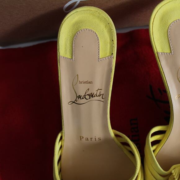 Christian Louboutin Belbrossa Yellow Suede Pompom Fringe Slip-On Kitten Heels - Picture 12 of 16